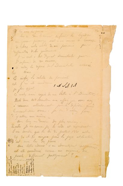 GAUGUIN Paul (1848-1903) peintre. 致Léonce BRAULT的亲笔信（分钟）。
S.l., [2? 1903年4月]。在一张纸上用铅笔写了2页对开页（边缘被撕毁并褪色）。
高更刚刚被定罪，鉴于他的律师和朋友Léonce...