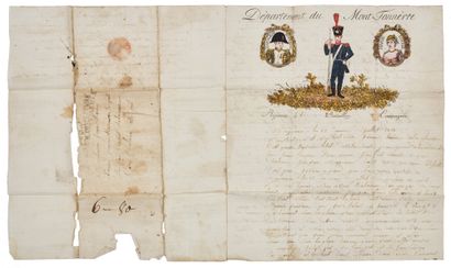 null Jean-Nicolas NOIRON于1813年7月28日从CANNIERE L.A.S.写给他在Trépail（马恩省）的父母的信；2 1/4页 in-4，标题为
Département...