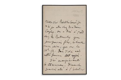 DEGAS Edgar (1834-1917) peintre. L.A.S. "Degas "写给Albert BARTHOLOMÉ。
星期一[1884年2月]。2页8（小哀）
，他无法去Caylus夫人那里，因为在Ratomskys家的晚餐开始得很晚："我不能去，嘴里还在说"。因此，他将...