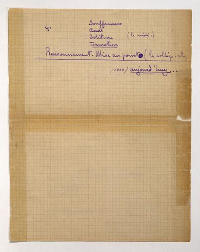GROUES Henri dit l'Abbé Pierre (1912-2007) 题为 "生活 "的亲笔手稿。[1929年8月5日]。1页，1/4英寸，用紫色墨水写在笔记本纸上。修复后的文件。
年轻的亨利-格鲁埃斯在他17岁生日那天的特殊证词，揭示了他对上帝的承诺中罕见的成熟："一个生命。"
"今天，瞥见这个生命，我觉得它相当美丽，相当充实，而且活在其中的人可以死去。""他可能会死，是的，但出现在他面前的道路仍然是如此伟大，如此美丽，更重要的是，他可能会活着。""今生的人可能会死，因为他将直接进入天堂；""但他可能会活着，因为如果他完成了未来的任务，那么他将进入天堂，作为上帝的朋友，更加亲密，更加可爱，他将吸引所有人跟随他，所有上游以他的名字为先，上帝将如此+高兴。""赌注是值得的。""一个人必须同意活下去，才配得上主人的温柔目光。人们必须同意生活，意识到未来的一切："意志-放弃-快乐""多么像基督"。"有多近""是的，让我们活下去"。
耶稣，不要来，直到我为你做了我能做的全部事情"。(分割线）昨天今天明天（1912-1929年）昨天（1912年）无1.教育2.教学3。培训4。
...