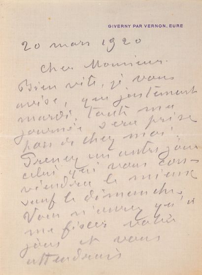 MONET Claude (1840-1926) peintre. L.A.S., Giverny 20 mars 1920; 2 pages petit in-8...