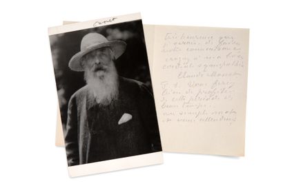MONET Claude (1840-1926) peintre. L.A.S.，吉维尼，1920年3月20日；2页小八开，写给他的地址，用铅笔写的（附照片）。
他警告说，星期二...