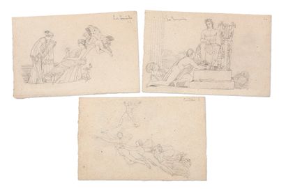 ÉCOLE FRANÇAISE DÉBUT XIXE SIÈCLE, SUIVEUR DE JOHN FLAXMAN 神话插图。
一套27幅石墨画，其中一些有钢笔和墨水的亮点。
大约15...