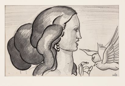 DUPAS JEAN (1882-1964) Profil aux colombes. Dessin au fusain et encre de Chine. Monogrammé...