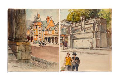 GAUDET ÉTIENNE (1891-1963) 
53幅纸上水彩画组曲，有签名或图案。
布卢瓦，拉莫尔，圣让-克鲁瓦-德维等地的景色。
28 x 37厘米至37...