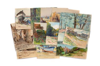 GAUDET ÉTIENNE (1891-1963) Suite de 22 aquarelles sur papier, monogrammées ou signées,...