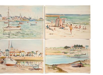 GAUDET ÉTIENNE (1891-1963) 
238幅纸上水彩画套件，已签名，有些已定位并注明日期。
包括6个螺旋式笔记本的纸张。
Saint-Jean-Croix-de-Vie,...