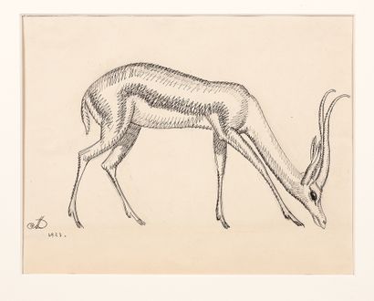 DUPAS JEAN (1882-1964) 
Antilope.
Dessin à l'encre de Chine monogrammé et daté 1923...