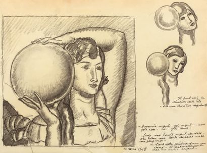 DUPAS JEAN (1882-1964) Femme à la boule. Étude au crayon et encre datée 13 mai 1928....