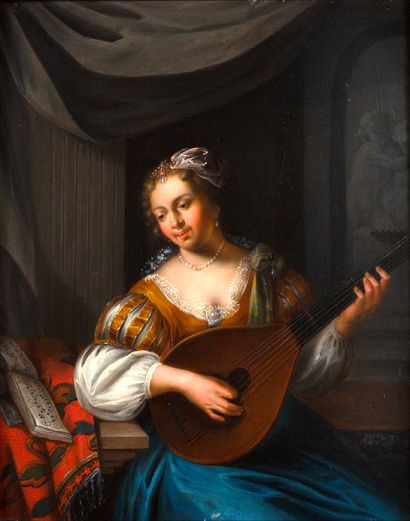 ATTRIBUÉ À FRANS MIERIS LE JEune LEYDE, 1689 - 1763 
La joueuse de mandoline

Huile...