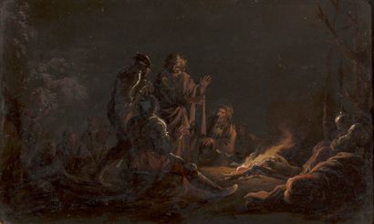 ATTRIBUÉ À SALVATOR ROSA ARENELLA, 1615 - 1673, ROME 
对牧羊人的通告；火边的士兵

石板上的油彩（一对 

签名：ROSA中下部...