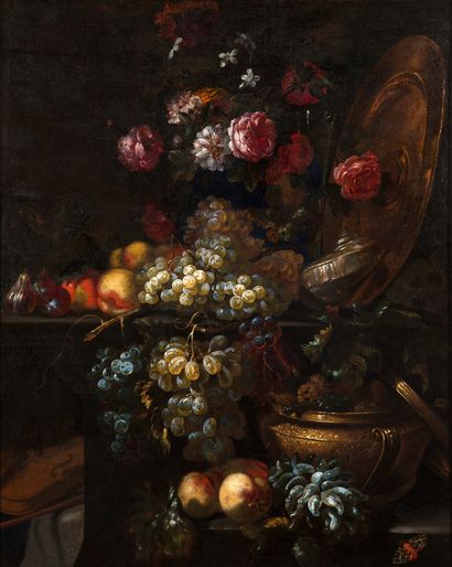 PIER-FRANCESCO CITTADINI MILAN, 1613/1616 - 1681, BOLOGNE 
静物画：花瓶、葡萄、桃子、夹板上的人物和乐器

布面油画...