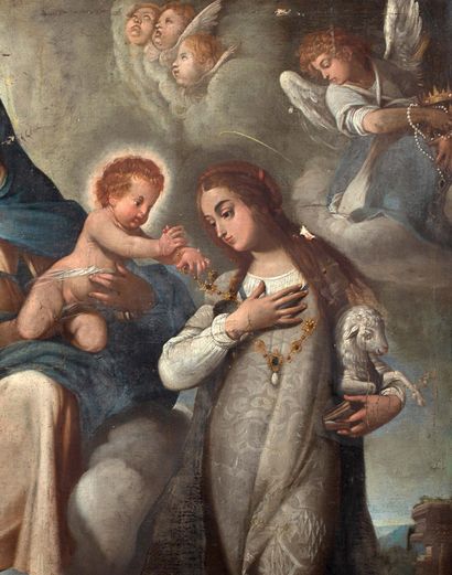 ÉCOLE ITALIENNE DU XVIIE SIÈCLE ATELIER DE GIOVANNI BAGLIONE 
圣母子与圣凯瑟琳和圣艾格尼丝

布面油画...
