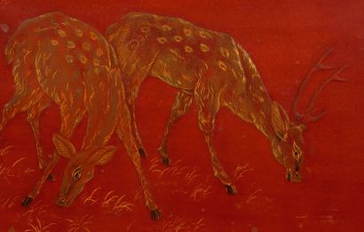 TRAN PHUC DUYEN (1923-1993) 
Les biches, 1951

Lacquer with gold highlights, signed...