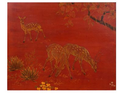 TRAN PHUC DUYEN (1923-1993) 
鹿》，1951年

带有金色亮点的漆器，左下方有签名和日期，背面有印章

45 x 57 cm - 17...