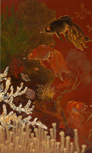 Pham Hau (1903-1995) 
Scène d'aquarium avec les poissons rouges d'abondance, circa...