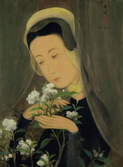 LÊ PHỔ (1907-2001) 
Jeune femme au lotus et à l'éventail

Encre et couleurs sur soie,...
