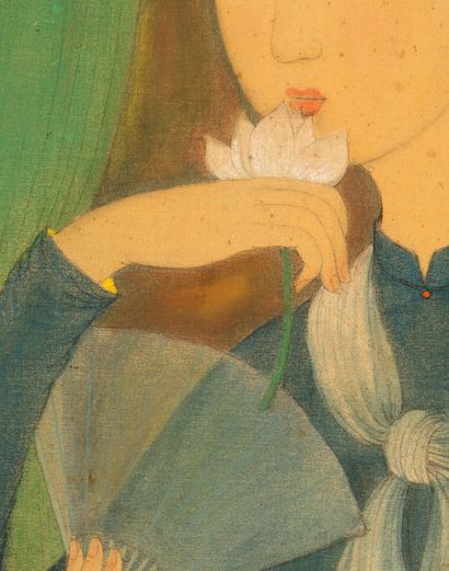 LÊ PHỔ (1907-2001) 
Jeune femme au lotus et à l'éventail

Encre et couleurs sur soie,...