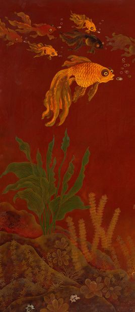 Pham Hau (1903-1995) 
Scène d'aquarium avec les poissons rouges d'abondance, circa...