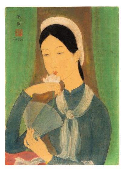 LÊ PHỔ (1907-2001) 
Jeune femme au lotus et à l'éventail

Encre et couleurs sur soie,... Gazette Drouot