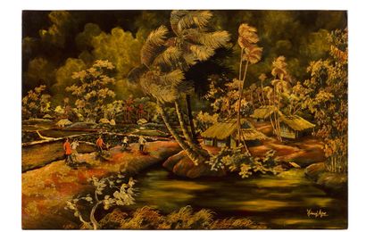 HOÀNG NGOC (XXE) 
Vent soufflant sur le village

Lacquer with gold highlights, signed...