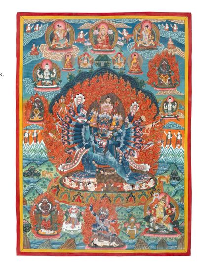 NÉPAL XXe SIÈCLE 
Thangka représentant Yamanthaka enlaçant sa shakti, entouré d'un...