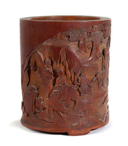 Chine XIXe siècle 
Bamboo bitong brush holder, decorated with the arrival of dignitaries...