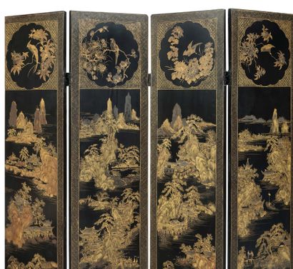 CHINE FIN XIXE SIÈCLE 
A large double-sided Canton lacquer screen with gold lacquered...
