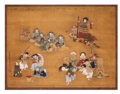 JAPON PÉRIODE EDO (1603-1868), XIXe SIÈCLE 绢上多色的Kakemono表现了几组人物或演员，唤起了不同的类型，如幸福之神、舞者、武士...签名。
D....