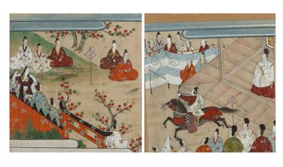 JAPON XVIIe siècle 两幅彩色和金色高光纸上的小画，一幅描绘了一位领主及其随从观看骑手射箭的情景；另一幅描绘了坐在空间边缘、靠近栅栏和大门的权贵们，可能在观察同一场景。
这两幅画可能属于同一个emaki-e，一种有照明的横向叙事卷轴，其中书法叙事与绘画场景交替出现。
目测尺寸：21...
