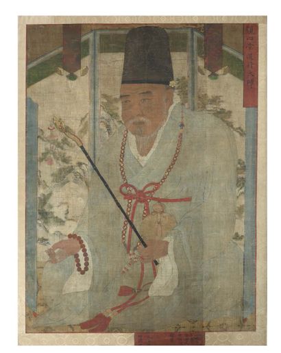 CORÉE PÉRIODE CHOSON, XVIe SIÈCLE 
Painting on fabric, representing a religious dignitary...