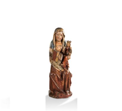 null 
+ 雕刻在木头上的SAINTE ANNE TRINITAIRE和多色的圆形。

西班牙，约1400年

高度88厘米

(小板凳缺失，圣母的右手有待...