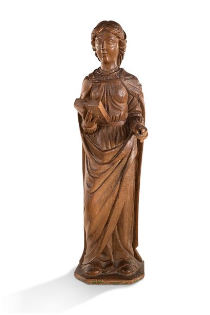 null 一个胡桃木雕刻的圣女，有轻微的多色痕迹，粗糙的背面。Monoxyl terrace.
16世纪上半叶
H.79 cm
(缺少属性)