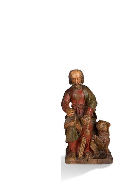 null 
+ SAINT MARC THE GOSPELIST in oak carved in the round and polychromed. Seated,...