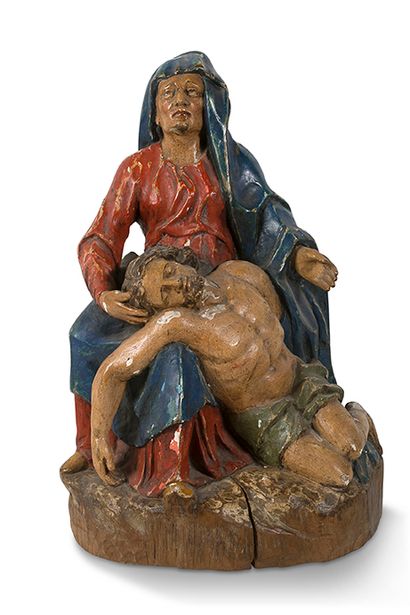  + PITICE VIRGIN，橡木雕刻和多色处理，背面粗糙化。坐着的圣母抬头望天，基督双腿弯曲，头靠在他母亲的腿上。...