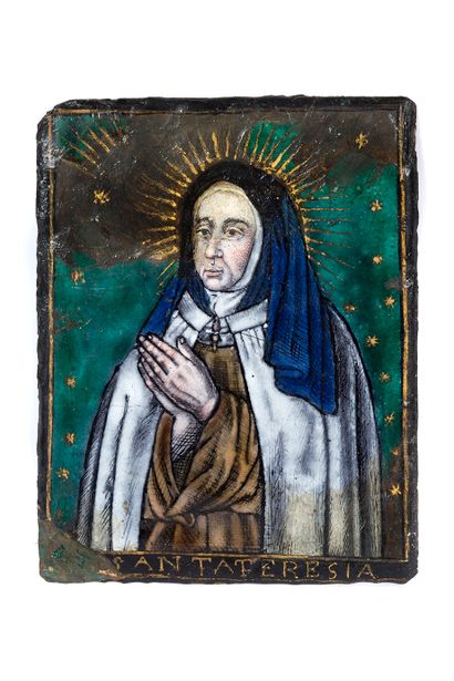 null ENAMEL PLAQUE on copper representing Saint Theresa on a green starry background....
