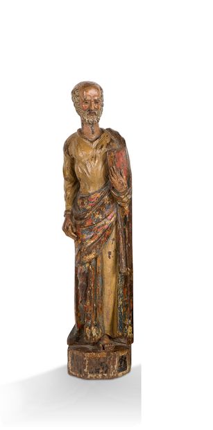  + 橡木雕刻的圣皮埃尔（SAINT PIERRE）的圆雕和多色染色。他站着，右手拿着钥匙，另一只手拿着一本合上的书。...