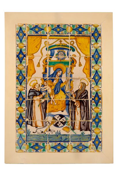 null AZULEJOS Panneau d'azulejos polychromes représentant la Vierge du Rosaire entourée...