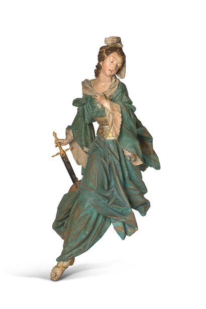null SAINT CATHERINE in carved, polychromed, silvered and gilded limewood, hollowed...