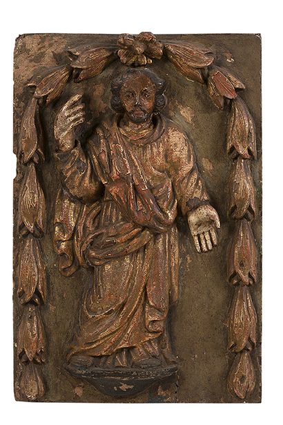 null 
+ Pair of walnut panels carved in high relief, gilded and polychromed representing...