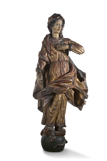 null LARGE VIRGIN OF THE IMMACULATE CONCEPTION in limewood, the back roughened. Standing,...