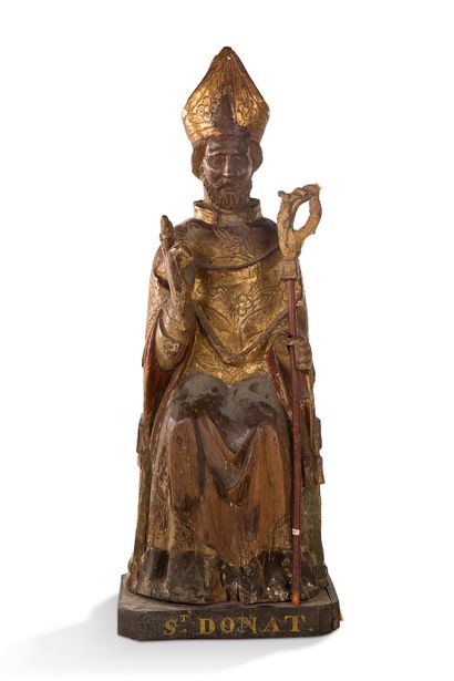null SAINT DONAT (ou saint Pierre ?) en bois sculpté, doré et polychromé, dos ébauché....