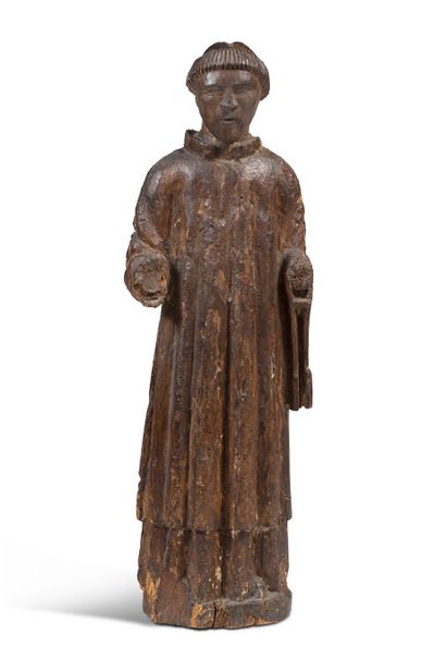 null MOINE in wood carved in the round, formerly polychromed. His head is tonsured...