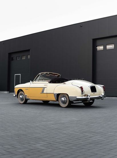 1959 RENAULT Frégate Cabriolet Letourneur & Marchand 
只生产了69个

市场上非常罕见

状况良好



比利时的注册号码

底盘编号3309169



雷诺Frégate的首次亮相是在1950年底。雷诺终于在1951年10月的汽车沙龙上展出了它，并在该年年底开始销售。它的线条比同时代的4CV更紧凑，但后翼仍然是极好的浮雕式设计。1,996毫升的4缸发动机最终采用了现代化的顶置气门气缸盖。它可靠但不是真正的战士，它开发了65...