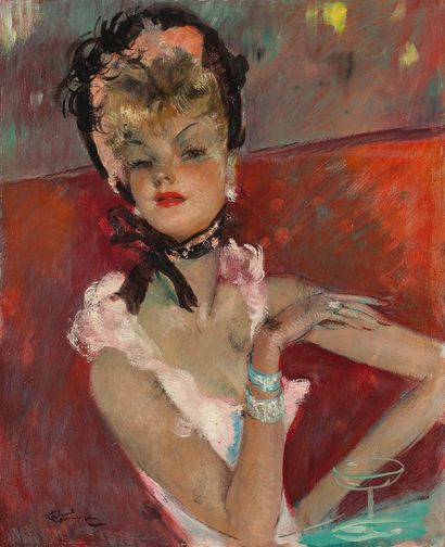 JEAN-GABRIEL DOMERGUE (1889 - 1962) 
Au bar, Parisienne au bibi

Huile sur Isorel

Signée...