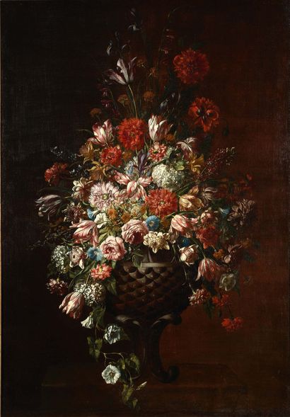 Ludovico Stern (Rome, 1709 - 1777) Bouquet de fleurs dans un vase en pierre Huile...