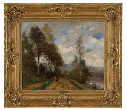 Paul Désiré TROUILLEBERT (1829 - 1900) 
Une route près de la rivière

Oil on canvas,...