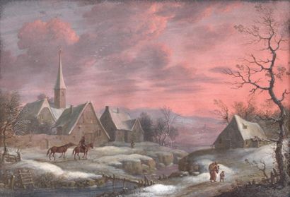 Attribué à Abraham RADEMAKER (1675 - 1735) Paysage d'hiver Gouache sur vélin 12 x...