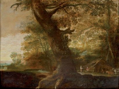 Ecole flamande vers 1620, entourage de KEIREINCKX Le gros chêne près de l'appentis...