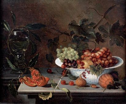 Ecole flamande vers 1700, suiveur de Joris Van SON Coupe de fruits et grenade sur...